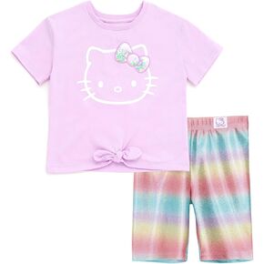 Hello Kitty Girls T-Shirt and Metallic Bike Shorts Outfit Set Toddler to Big Kid Sizes (2T - 14-16)