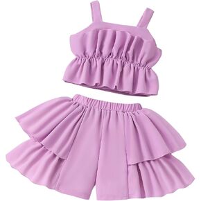 Adorable 2-Piece Girls' Outfit: Ruffle Sleeveless Top and High-Waist Elastic Shorts Set Perfect for Summer