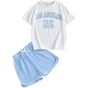 Girl's 2 Piece Outfits Letter Graphic Print Drop Shoulder Tee and Track Shorts Clothing Set