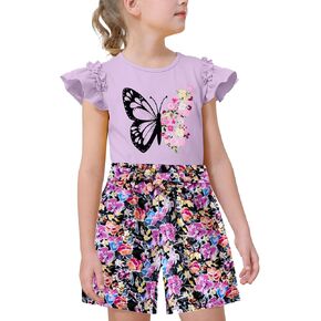 mksodop Girls outfits 2-Piece ruffled short sleeve butterfly floral print high waist floral shorts girls summer clothes in Saudi Arabia