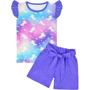 PASHOP Girls 2 Piece Outfits Summer Ruffle Trim Tops and High Waist Shorts Clothing Sets 3-8 Years