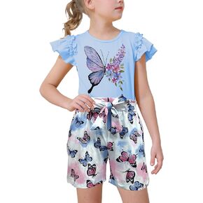 ملابس الفتيات mksodop من قطعتين متكثرات قصيرة الأكمام الفراشة طباعة عالية الخصر in Kuwait