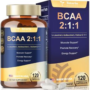 High Purity Branched Chain Amino Acids Supplement - BCAA 2:1:1 Capsules with Creatine Monohydrate, L-Glutamine, Vitamin B6 and Vitamin C for Men & Women, 120 Count