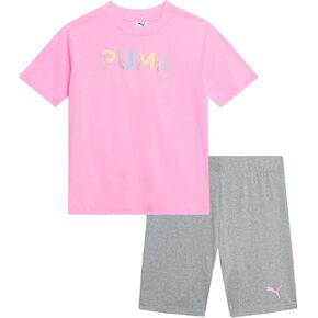 PUMA Girls' Biker Short Set - 2 Piece Short Sleeve Crewneck Graphic Tee Shirt and Bike Shorts for Girls (Sizes: 7-14)