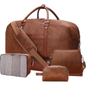 4PCS Leather Duffle Bags, Weekender Bag for Women Men, Large Travel Duffel-Overnight Bag with Toiletry, Makeup, Shoulder Bag, Faux Leather Carry On with Shoe Compartment