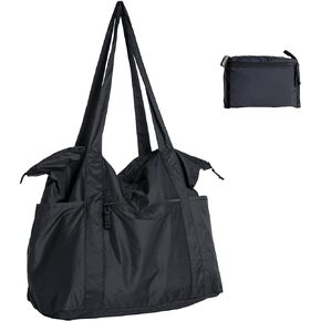 Foldable Lightweight Tote Bag Nylon for Travel Duffel,Polyester Packable Totes with Zipper, 23-28L Collapsible Compact Large for Women and Men,Black