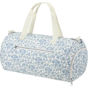 Blue Floral Quilted Duffle Bag for Women Cotton Large Floral Travel Duffle Dance Bag with Adjustable Carry Strap and Handy Pouch Backpack for Dancers Travel