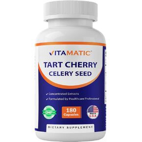 Vitamatic Tart Cherry 20X Extract with Celery Seed 10X Concentrated Extracts - - 180 Veg Capsules - Vegetarian, Non-GMO, and Gluten Free