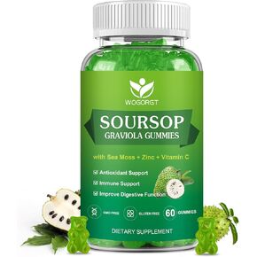 Soursop Graviola Gummies with Sea Moss Extract - Antioxidant, Cell Support & Regeneration, Immune Support, Soursop Leaves Gummies with Sea Moss, Vitamin C & Zinc, Apple Flavor - 60 Gummies(2 Pack)