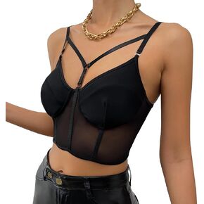 Women's Sexy Sheer Cami Top Spaghetti Strap Tank Top Mesh Crop Top Lingerie Bustier