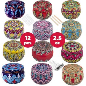 Candle Tin 2.5 Oz Set 24 PCS أنماط شمعة فارغة علب الشمعة الجرار لصنع الشموع مع الفتيل ، حاملي الفتيل والملصقات + صندوق غلاف الهدايا الجميل