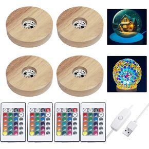 4 Pieces LED Light Stand Bases Colorful Lights Display Base with Remote Control, 16 Colored Round Wooden Lighted Bases USB Table Lamp Centerpieces for Crystal Glass Resin Art,3.94 Inch