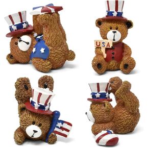 Gift Boutique Patriotic Bear Figurines Table Top Decor 4 Set Mini Teddy Bears Uncle Sam Resin Centerpiece July 4th Tabletop Figures for USA American Mantle Shelf Home Party Decorations