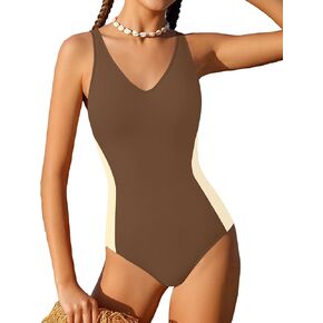 Shallmu Girls Swimsuit One Piece V-Neck Adjustable Straps Color Block Waistline Bathing Suit Swimwear 11-18Y