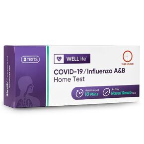 اختبار WELLlife لكوفيد-19/الأنفلونزا A&B المنزلي، اختبار ذاتي للأنفلونزا A/B وCOVID-19، النتائج في 10 دقائق باستخدام مسحة أنفية غير جراحية، معتمدة من إدارة الغذاء والدواء الأمريكية (EUA) - [اختباران]