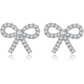 SLUYNZ Solid 925 Sterling Silver 1.7CM Bow Stud Earrings for Women Teens Sparkling CZ Bowknot Earrings Stud