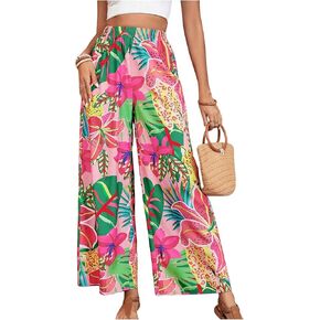 Verdusa Women's Tropical Floral Print Palazzo Pants Flowy Boho Summer Wide Leg Trousers