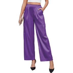 ZAFUL Womens Satin Pants Wide Leg High Waisted Cargo Pants Silky Dressy Casual Slack Trousers
