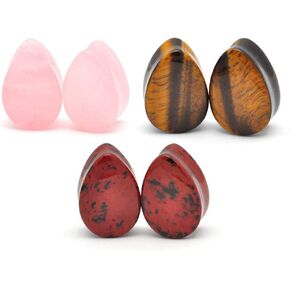 Mystic Metals Body Jewelry Set of 3 Pairs Teardrop Stone Plugs - Tiger Eye, Mahogany Obsidian, Rose Quartz