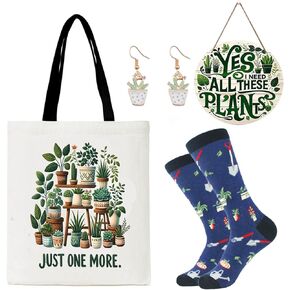 Plant Gifts for Women, 6pcs Gift Set for Garden Lovers,Potted Plants Presents with Canvas Tote Bag,Make Up Bag,Funny Socks