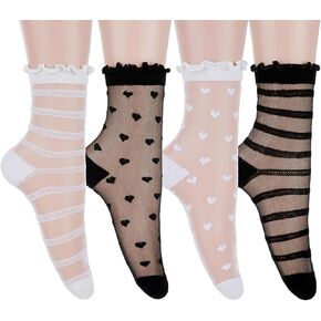 4 Pairs Sheer Socks Women Black Ruffle Ankle Socks for Women Thin Lace See Through Sock Transparent Heart Striped Summer