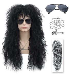 80s Mullet Wigs For Men, Black Curly Wig, 21.5" - 23.5", Synthetic Hair, WIG, Unisex, Retro, Heat Resistant, Curly