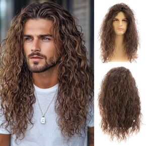 Sallcks Mens Long Curly Brown Wig Synthetic Hair 70s 80s Rocker Cosplay Costume Halloween Party Wigs