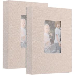 uxcell 2Pcs Small Photo Album, 5x7 Inch Linen Cover Pockets Photo Book, Slip-in Picture Albums with Display Window Holds 26 Page 52 Photos for Wedding Family Anniversary, Beige