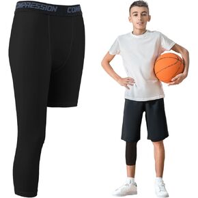 Boys Youth One Leg 3/4 Long Compression Tights for Basketball Tights Athletic Base Layer Pants Black
