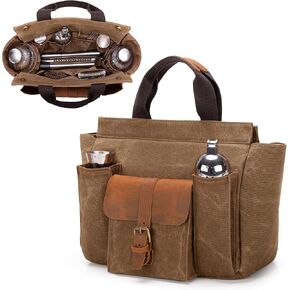 LoDrid Tote Bartender Bag, Genuine Leather Waxed Canvas Portable Carrying Cocktail Shaker Kit Bag with Handle for Travel Home Indoor Outdoor Party (Bag Only)(Patent Design)
