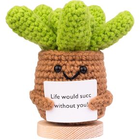 Funny Positive Crochet Plant, Handmade Emotional Support Wool Knitting Succulent Plant Doll Cheer Up Gift with Wooden Base for Car Home Office(P1)
