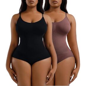 2 Piece Shapewear Bodysuits For Women Tummy Control Seamless Waist Body Suits Shaper (Black+Brown)
