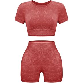 OLCHEE Womens Workout Sets 2 Piece - Seamless Acid Wash Yoga Outfits Shorts and Crop Top Matching Gym Athletic Clothing Set