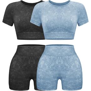 OLCHEE Womens Workout Sets 2 Piece - Seamless Acid Wash Yoga Outfits Shorts and Crop Top Matching Gym Athletic Clothing Set in Kuwait