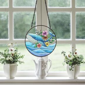 Blue Sea Whales Stained Window Hanging Acrylic Panels Flower Round Windows Hanger Kitchen Bedroom Garden Wall Art Decor Gifts for Women Mom Grandma Teacher