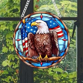 Eagle Flag Stained Acrylic Window Hanging Panels Indoor Outdoor Round Windows Hanger Kitchen Bedroom Garden Wall Art Decor Gifts for Women Mom Grandma Teacher