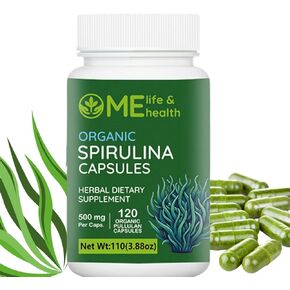 ME LIFE & HEALTH Spirulina Capsules, 100% Organic spirulina Powder (120 ct) 500mg Rich in Protein, vitamind A, B12 Antioxidants & Vitamins, Vegan, Natural and Pure spirulina Non-GMO & Gluten Free