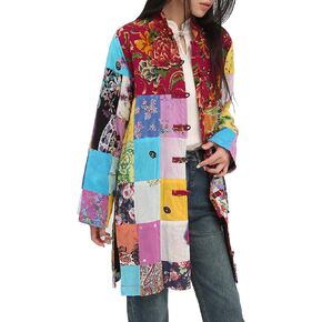 Women's Boho Floral Patchwork Jacket Lightweight Color-Blocked Plaid Windbreaker Coat for Spring & Fall