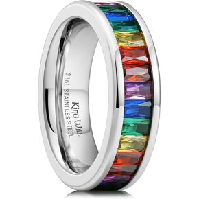 King Will 6mm Women Eternity Rings Colorful CZ Stackable Bands Polished Stainless Steel Anniversary Band Pipe Cut Engagement Ring Durable Comfort Fit Size 6-10