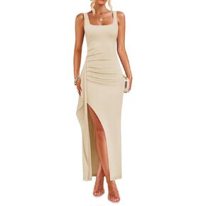 ZESICA Women's Sleeveless Formal Maxi Dresses 2025 Summer Ribbed Square Neck High Split Party Bodycon Long Dress
