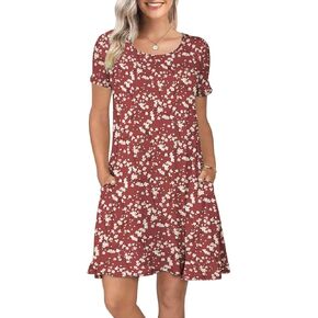 Women's Summer Casual Short Sleeve Crew Neck T Shirt Dresses Loose Swing with Pockets