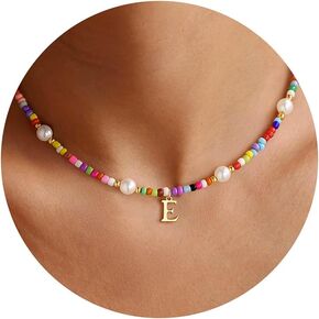 M MOOHAM Colorful Initial Necklaces for Girls - Pearl Beaded Choker Necklace for Women Teen Girl Colorful, Trendy Personalized Letter Initial Gifts Birthday Gifts Kids Jewelry