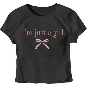 Girl's Graphic Tee Crew Neck Letter Bow Print Crop Tops Casual Cute Short Sleeve T Shirt