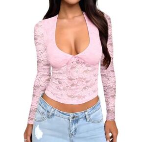Lace Long Sleeve See Through Shirts V Neck Going Out Tops for Women Fall Outfits