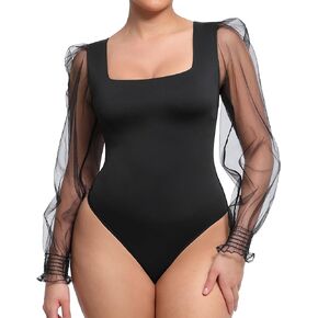 FeelinGirl Bodysuit for Women Tummy Control Seamless Fashion Thong Tops Long Puff Sleeve Bodysuit