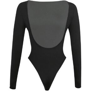 OYOANGLE Women's Open Back Long Sleeve T Shirt Bodysuit Boat Neck Skinny Leotard Top