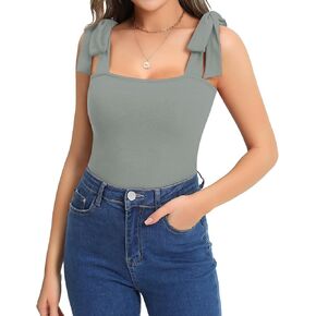 MANGOPOP Women's Square Neck Sleeveless Tank Tops Tie Shoulder Bodysuits Jumpsuits Clubwear