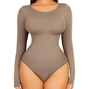 FeelinGirl Tummy Control Bodysuit for Women Long Sleeve Shapewear Thong Body Suit
