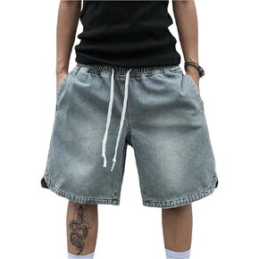 OYOANGLE Men's Vintage Denim Shorts Baggy Jean Shorts Elastic Drawstring Waist Baggy Jorts Streetwear