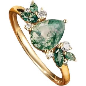خاتم الطحالب الخضراء الطبيعية و Moissanite ، 925 Sterling Silver Green Green Moss Agate خاتم الخطوبة هدية للنساء